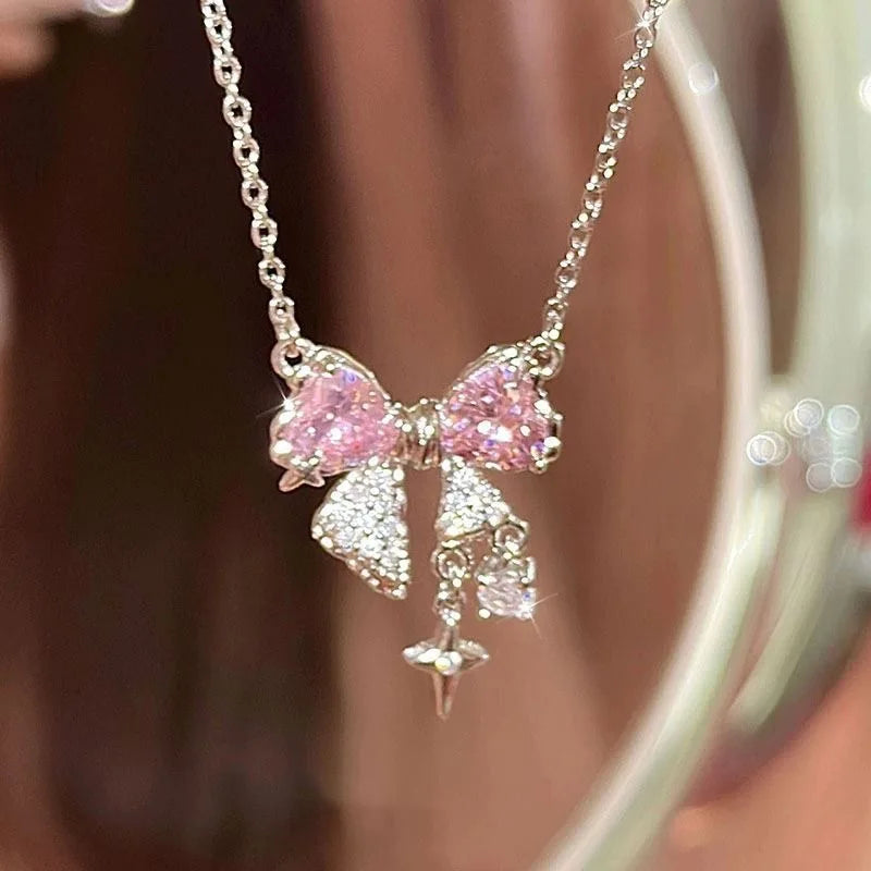 2pcs Set Fashion Bowknot Necklace Rings Set Crystal Bow Knot Pendant Necklaces Adjustable Bow Rings Fairy Shiny Pink Jewelry--ANDROMEDA QUINNS | AURELLE'S-ANDROMEDA QUINNS | AURELLE'S