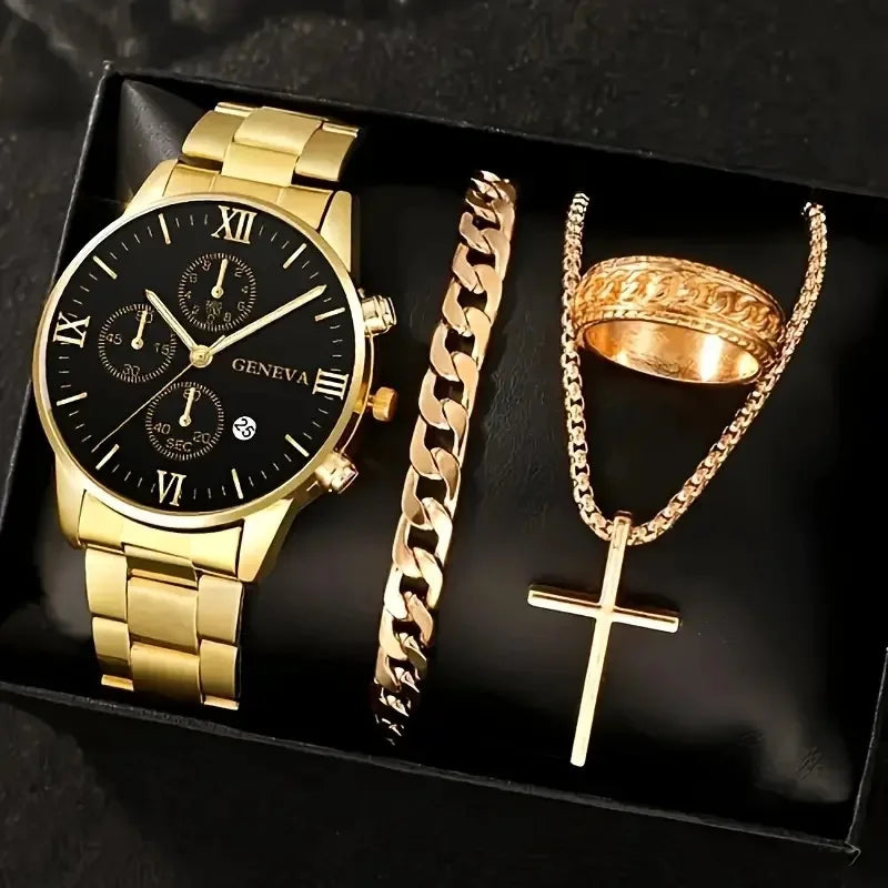 4pcs Luxury Men Business Quartz Watch Gold Alloy Roman with Calendar Wrist Watch Cross Necklace Bracelet Ring Set Men's Gift--ANDROMEDA QUINNS | AURELLE'S-ANDROMEDA QUINNS | AURELLE'S