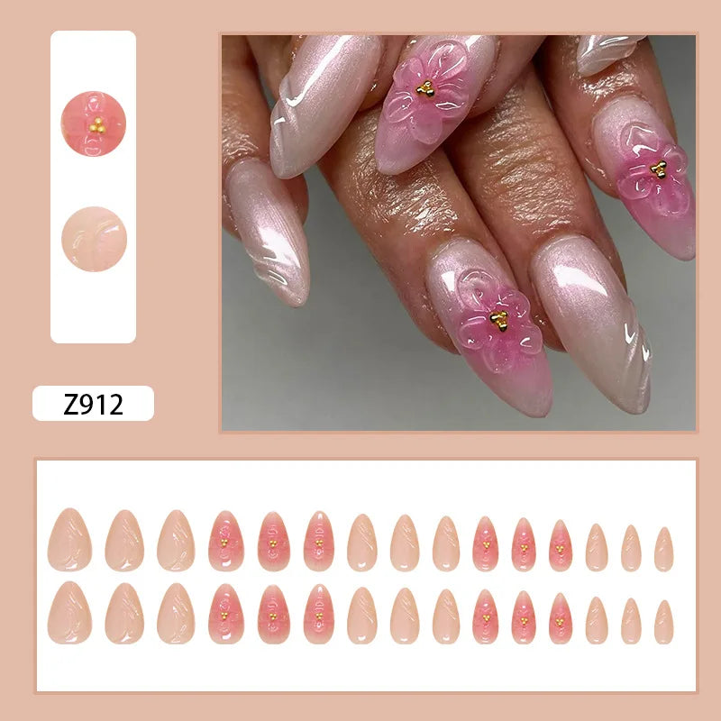 24pcs White Flower Fake Nail Tips Ins Yellow Pink Blush False Nails Wearable Full Cover European Almond Shaped Press on Nails--ANDROMEDA QUINNS | AURELLE'S-ANDROMEDA QUINNS | AURELLE'S