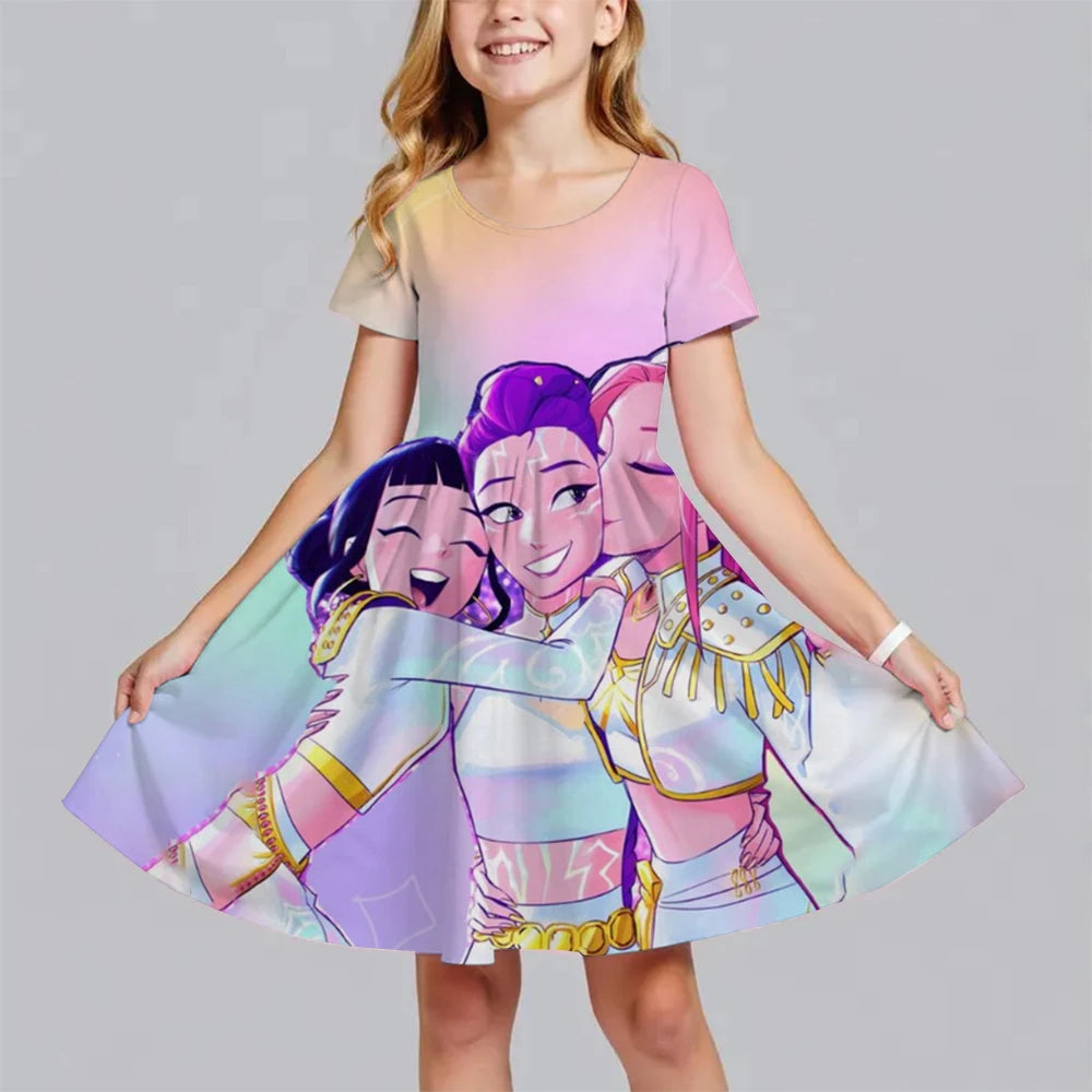 Summer Fashion Polyester Lightweight Cartoon Cute Huntrix Kpop Demon Hunters Printed Girl's Dress Short Sleeved Princess Dress