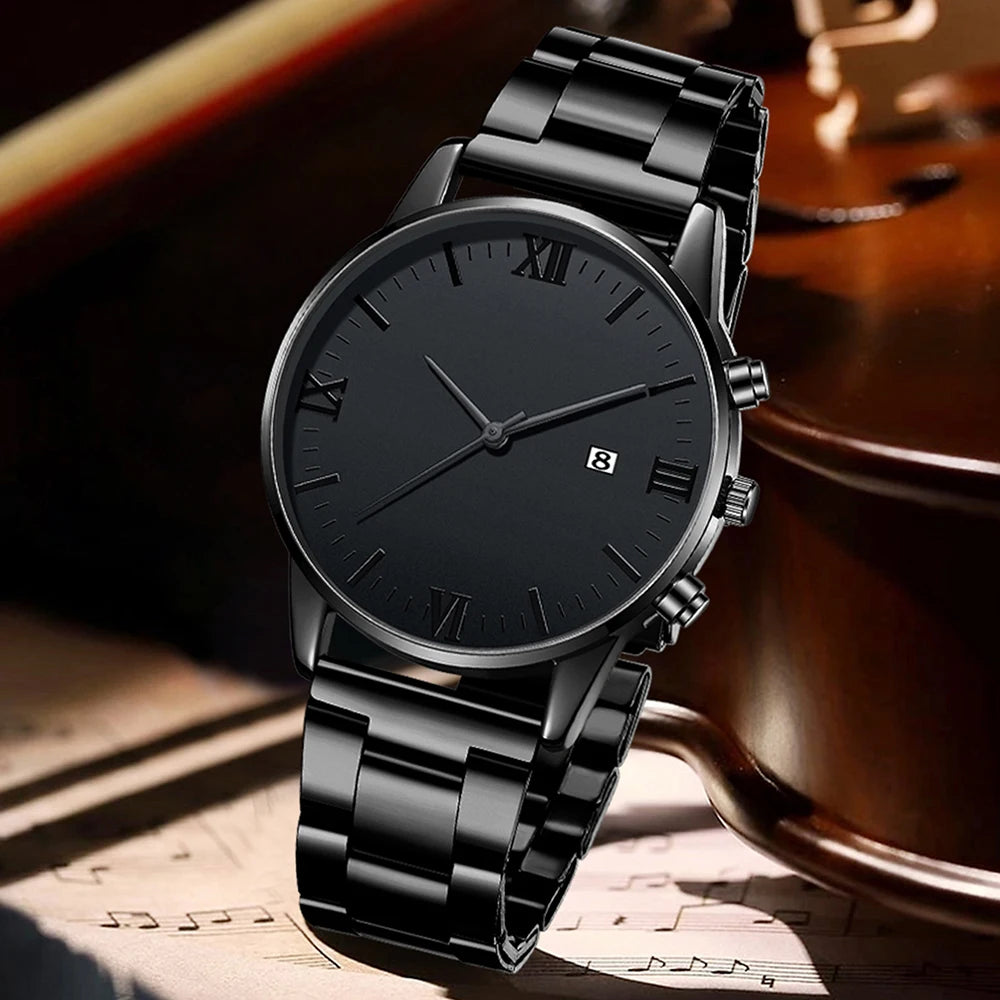 4PCS Men's Watch Set Business Versatile Simple Quartz Watch Bracelet Necklace Ring Set for Daily Clothing Matching--ANDROMEDA QUINNS | AURELLE'S-ANDROMEDA QUINNS | AURELLE'S