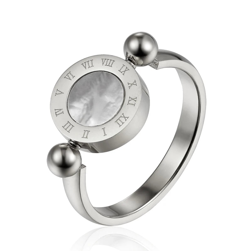 Classic Design Can Be Rotated Enamel And Shell Roman Numeral Beautiful Woman Ring Stainless Steel Brand Ring Jewelry For Women--ANDROMEDA QUINNS | AURELLE'S-ANDROMEDA QUINNS | AURELLE'S