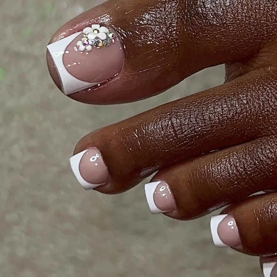 New French False Toe Nails with Heart Rhinestone Design White Edge Summer Press on Toenails Fashion Manicure Fake Toenail Patch--ANDROMEDA QUINNS | AURELLE'S-ANDROMEDA QUINNS | AURELLE'S