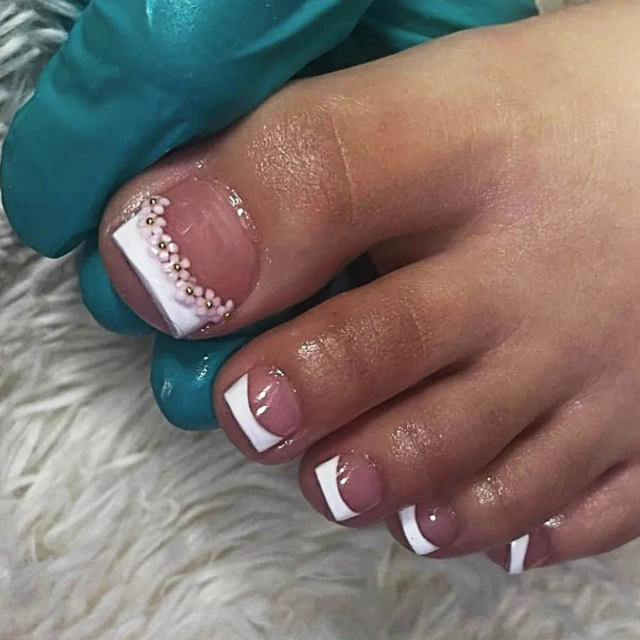 New French False Toe Nails with Heart Rhinestone Design White Edge Summer Press on Toenails Fashion Manicure Fake Toenail Patch--ANDROMEDA QUINNS | AURELLE'S-ANDROMEDA QUINNS | AURELLE'S