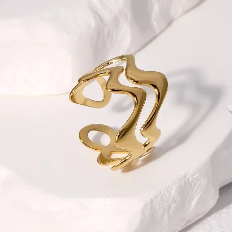 Stainless Steel Irregular Wave Rings for Women Men Creative Gold Color Adjustable Opening Ring Female Statement Jewelry Gifts--ANDROMEDA QUINNS | AURELLE'S-ANDROMEDA QUINNS | AURELLE'S
