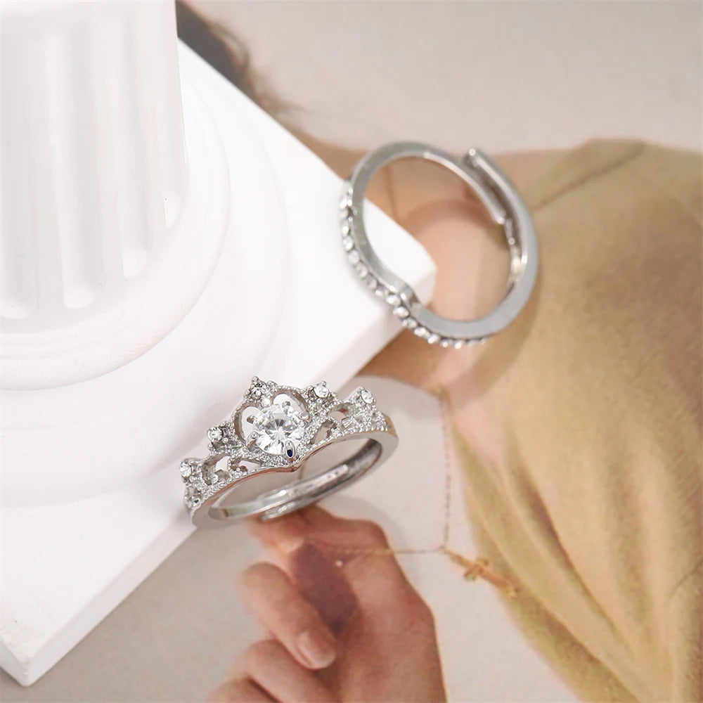 2PCS Fairy Sparkling Crown Rings for Women Teen Crystal Korean Adjustable Silvery Anniversary Gift Party Queen Ring Set Jewelry--ANDROMEDA QUINNS | AURELLE'S-ANDROMEDA QUINNS | AURELLE'S