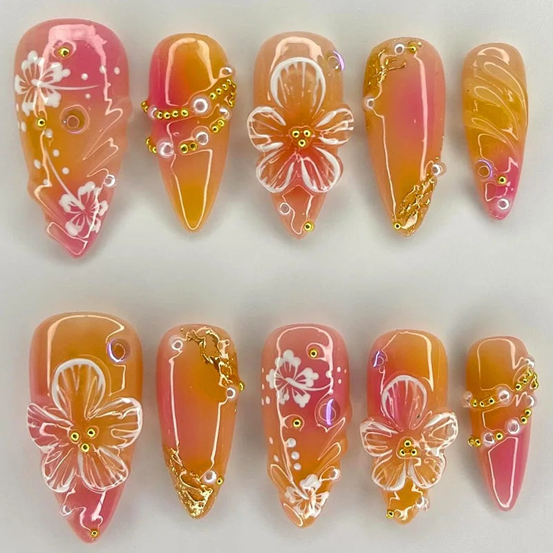 24pcs White Flower Fake Nail Tips Ins Yellow Pink Blush False Nails Wearable Full Cover European Almond Shaped Press on Nails--ANDROMEDA QUINNS | AURELLE'S-ANDROMEDA QUINNS | AURELLE'S