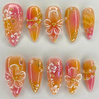 24pcs White Flower Fake Nail Tips Ins Yellow Pink Blush False Nails Wearable Full Cover European Almond Shaped Press on Nails--ANDROMEDA QUINNS | AURELLE'S-ANDROMEDA QUINNS | AURELLE'S