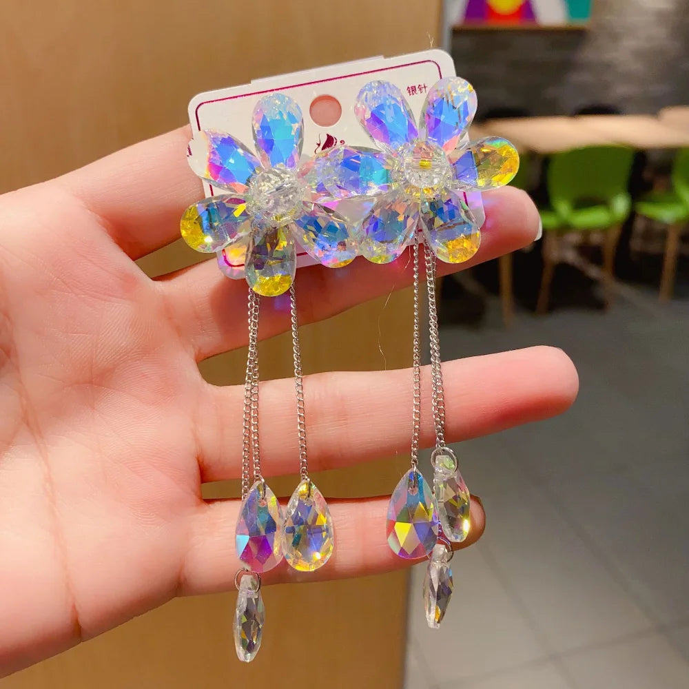 2025 New Colorful Purple Crystal Flower Dangle Drop Earrings for Women Trend Korea Fashion Luxury Wedding Party Banquet Jewelry--ANDROMEDA QUINNS | AURELLE'S-ANDROMEDA QUINNS | AURELLE'S