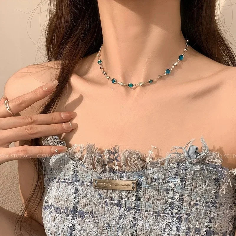 LATS Romantic Blue Crystal Butterfly Necklace for Women Girls Simple Shiny Zircon Bilayer Choker Clavicle Chain New Fine Jewelry--ANDROMEDA QUINNS | AURELLE'S-ANDROMEDA QUINNS | AURELLE'S