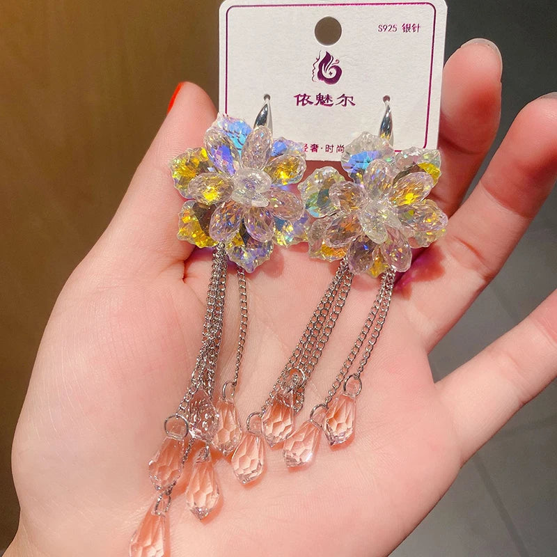 2025 New Colorful Purple Crystal Flower Dangle Drop Earrings for Women Trend Korea Fashion Luxury Wedding Party Banquet Jewelry--ANDROMEDA QUINNS | AURELLE'S-ANDROMEDA QUINNS | AURELLE'S