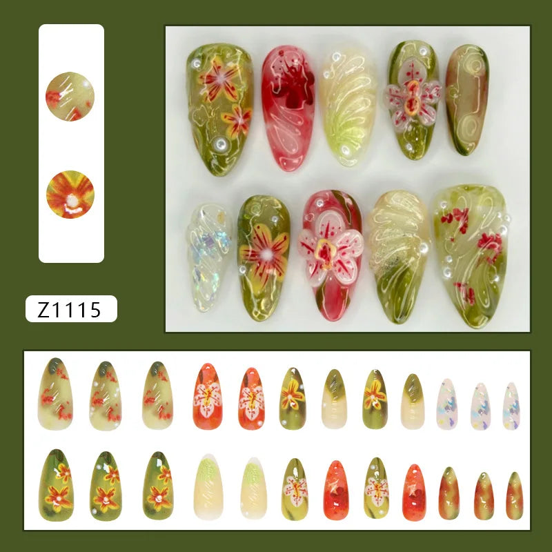 24pcs White Flower Fake Nail Tips Ins Yellow Pink Blush False Nails Wearable Full Cover European Almond Shaped Press on Nails--ANDROMEDA QUINNS | AURELLE'S-ANDROMEDA QUINNS | AURELLE'S
