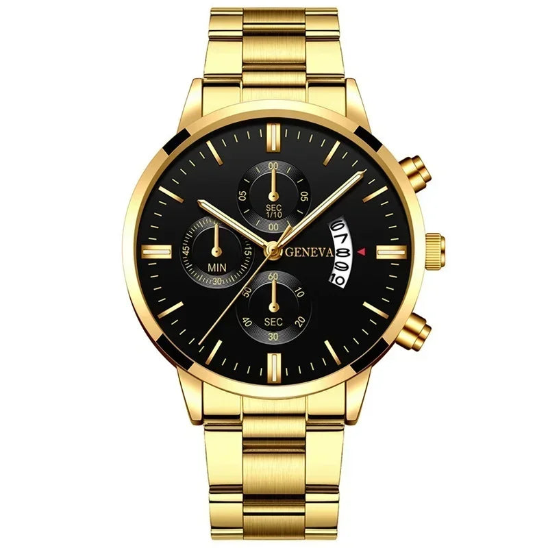 4pcs Luxury Men Business Quartz Watch Gold Alloy Roman with Calendar Wrist Watch Cross Necklace Bracelet Ring Set Men's Gift--ANDROMEDA QUINNS | AURELLE'S-ANDROMEDA QUINNS | AURELLE'S