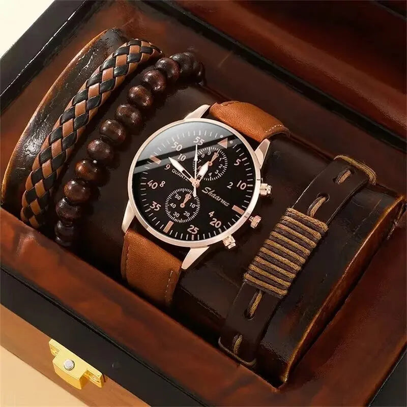 New Men Watch Luxury Bracelet Set Fashion Business Brown Leather Quartz Wrist Watches for Men Gift Set Relogio Masculino--ANDROMEDA QUINNS | AURELLE'S-ANDROMEDA QUINNS | AURELLE'S