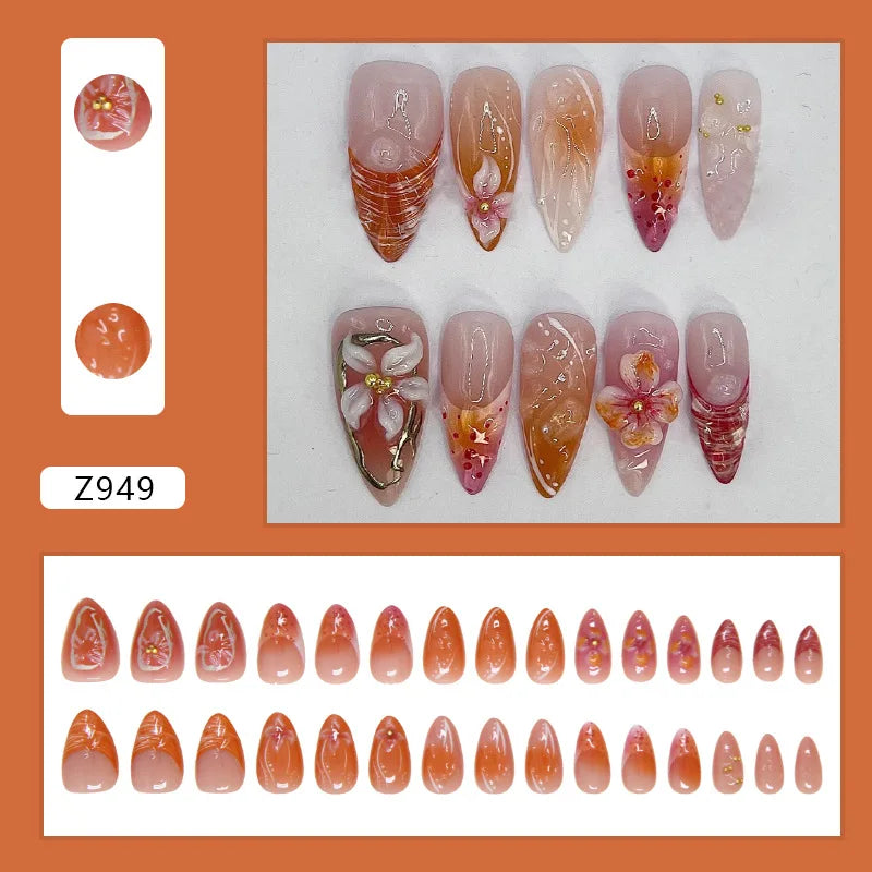 24pcs White Flower Fake Nail Tips Ins Yellow Pink Blush False Nails Wearable Full Cover European Almond Shaped Press on Nails--ANDROMEDA QUINNS | AURELLE'S-ANDROMEDA QUINNS | AURELLE'S