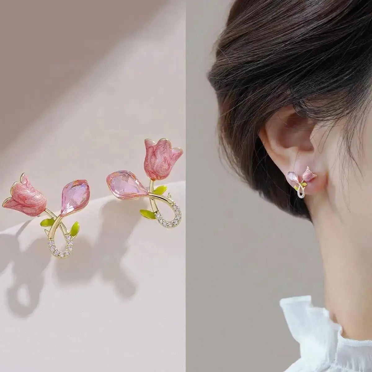 925 Silver Needle Green Flower Earrings For Women Korean Fashion Jewelry 2025 Trending Luxury Zircon Leaf Women's Stud Earrings--ANDROMEDA QUINNS | AURELLE'S-ANDROMEDA QUINNS | AURELLE'S