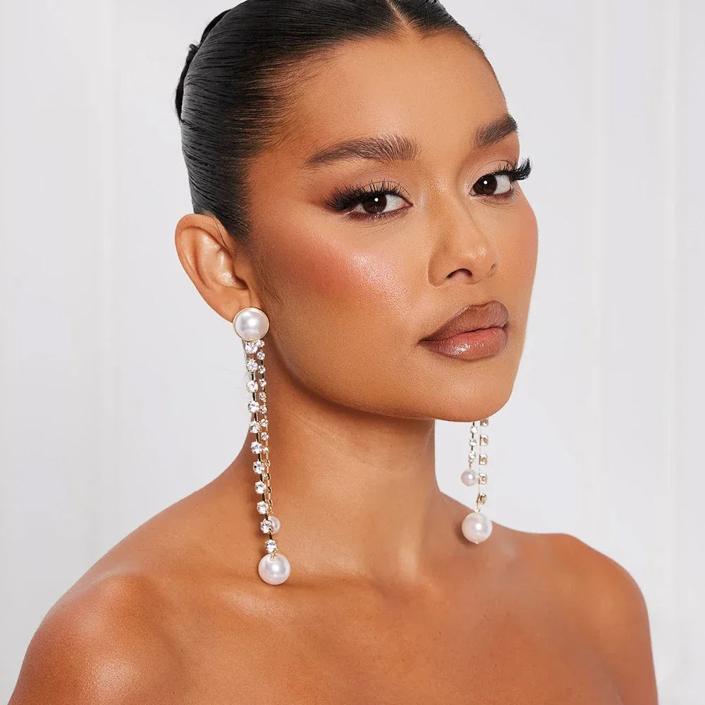 Elegant Pearl Long Tassel Earrings Bohemian for Women Wedding Accessories Fringe Rhinestone Jewelry--ANDROMEDA QUINNS | AURELLE'S-ANDROMEDA QUINNS | AURELLE'S