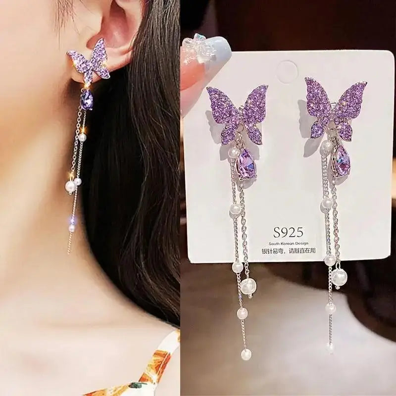 925 Silver Needle Purple Butterfly Long Tassel Earrings For Women Jewelry 2025 Trending Korean Fashion Luxury Crystal Earrings--ANDROMEDA QUINNS | AURELLE'S-ANDROMEDA QUINNS | AURELLE'S