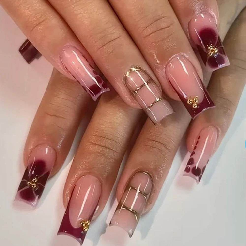 24Pcs Retro Flower Long Coffin French Fake Nails Caviar Bead Floral Gold Hollow Design Press On Nail Tips Y2k Acrylic False Nail--ANDROMEDA QUINNS | AURELLE'S-ANDROMEDA QUINNS | AURELLE'S