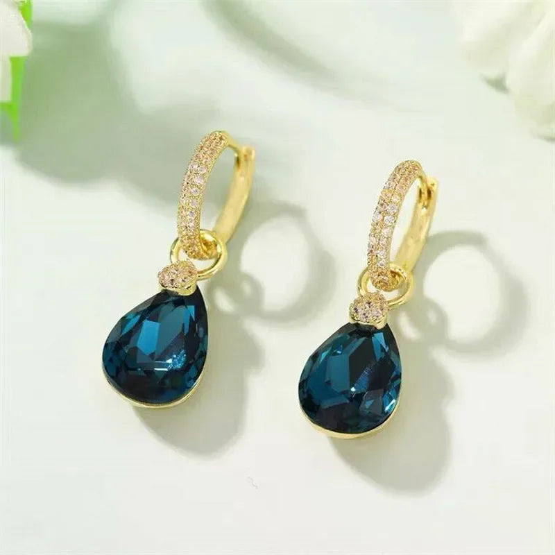 Exquisite Blue Drop-shaped Crystal Pendant Earrings For Women Fashion Personalized Daily Accessories Party Jewelry Birthday Gift--ANDROMEDA QUINNS | AURELLE'S-ANDROMEDA QUINNS | AURELLE'S