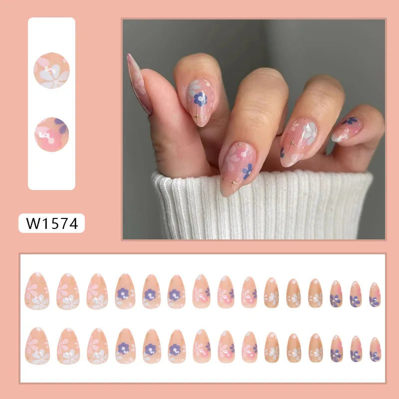 24pcs White Flower Fake Nail Tips Ins Yellow Pink Blush False Nails Wearable Full Cover European Almond Shaped Press on Nails--ANDROMEDA QUINNS | AURELLE'S-ANDROMEDA QUINNS | AURELLE'S