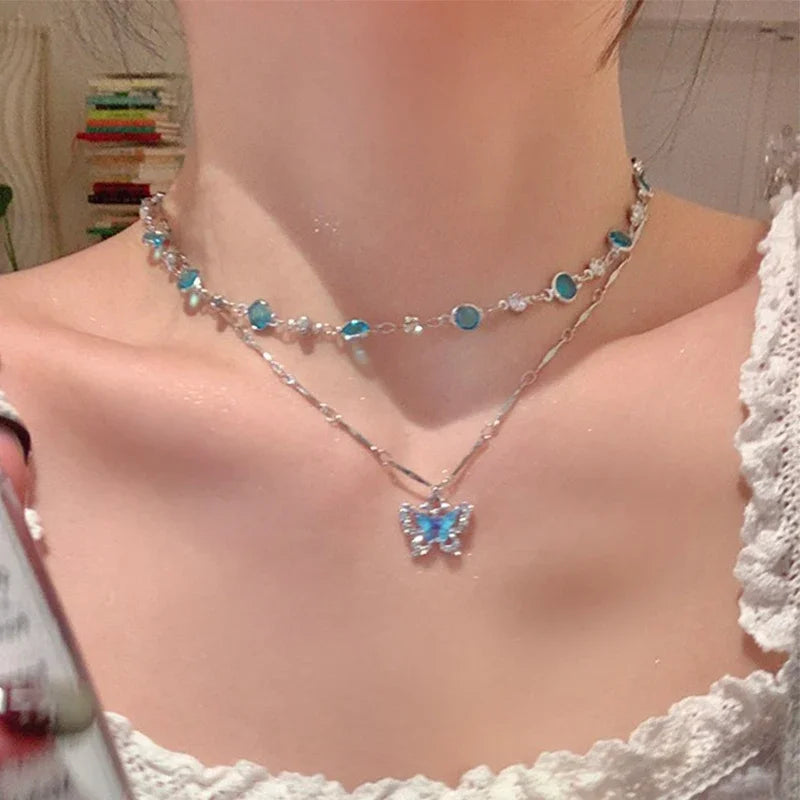 LATS Romantic Blue Crystal Butterfly Necklace for Women Girls Simple Shiny Zircon Bilayer Choker Clavicle Chain New Fine Jewelry--ANDROMEDA QUINNS | AURELLE'S-ANDROMEDA QUINNS | AURELLE'S