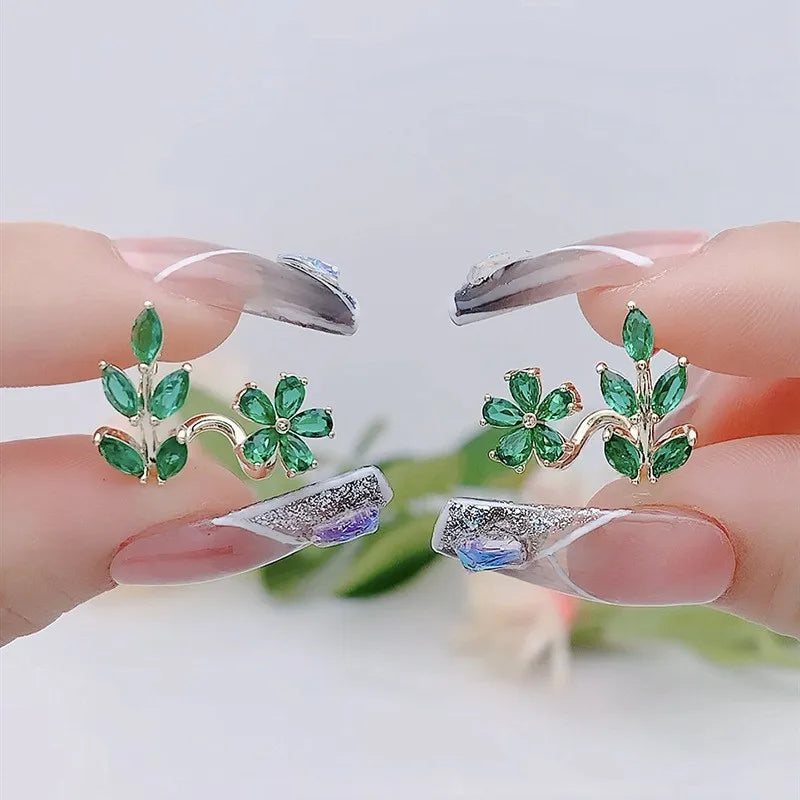 925 Silver Needle Green Flower Earrings For Women Korean Fashion Jewelry 2025 Trending Luxury Zircon Leaf Women's Stud Earrings--ANDROMEDA QUINNS | AURELLE'S-ANDROMEDA QUINNS | AURELLE'S
