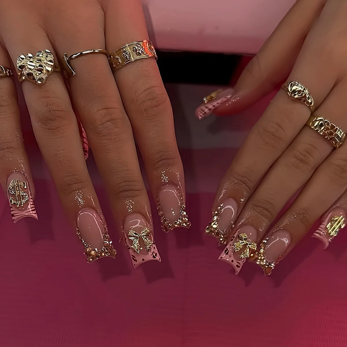 24pcs Nude Pink Sweet Fake Nails Short Duckbill Leopard Print French False Nails With 3D Bowknots Butterfly Cherry Press On Nail--ANDROMEDA QUINNS | AURELLE'S-ANDROMEDA QUINNS | AURELLE'S