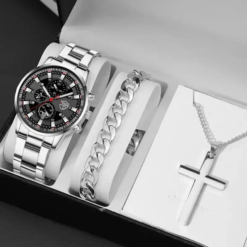 3PCS DEYROS Fashion Mens Calendar Watches Luxury Male Stainless Steel Quartz Wristwatch Men Bracelet Necklace Wrist Watch--ANDROMEDA QUINNS | AURELLE'S-ANDROMEDA QUINNS | AURELLE'S