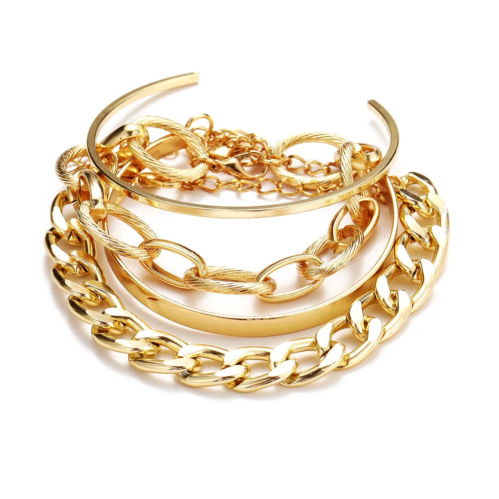 Bohemian Metal Chain Bracelet Set For Women Geometric Gold Color Thick Link Chain Open Bangle Female Fashion Jewelry--ANDROMEDA QUINNS | AURELLE'S-ANDROMEDA QUINNS | AURELLE'S