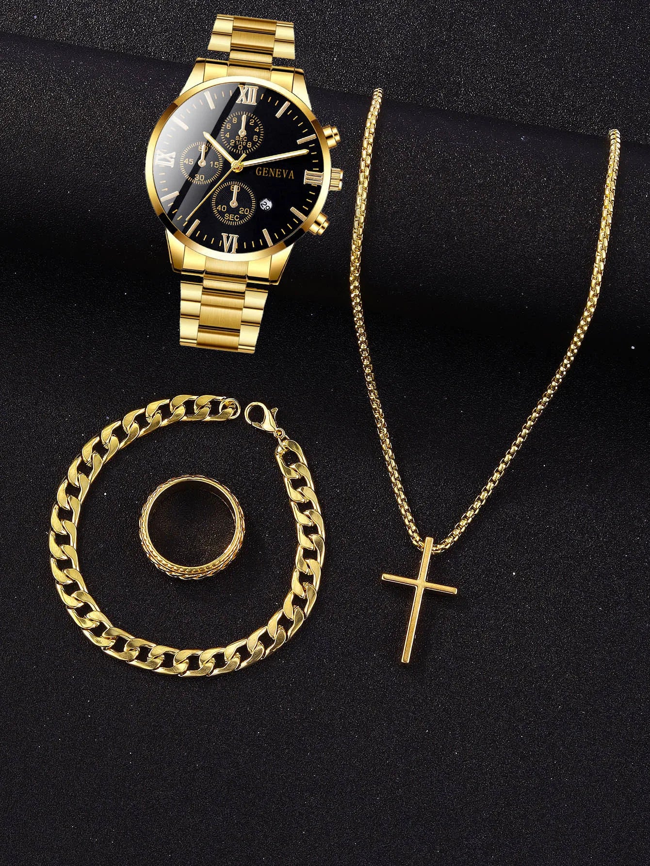 4pcs gold alloy Roman with calendar men's quartz watch and cross necklace bracelet ring set selected gift--ANDROMEDA QUINNS | AURELLE'S-ANDROMEDA QUINNS | AURELLE'S