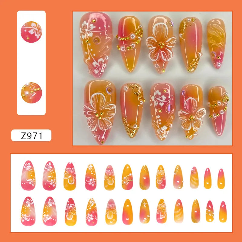 24pcs White Flower Fake Nail Tips Ins Yellow Pink Blush False Nails Wearable Full Cover European Almond Shaped Press on Nails--ANDROMEDA QUINNS | AURELLE'S-ANDROMEDA QUINNS | AURELLE'S