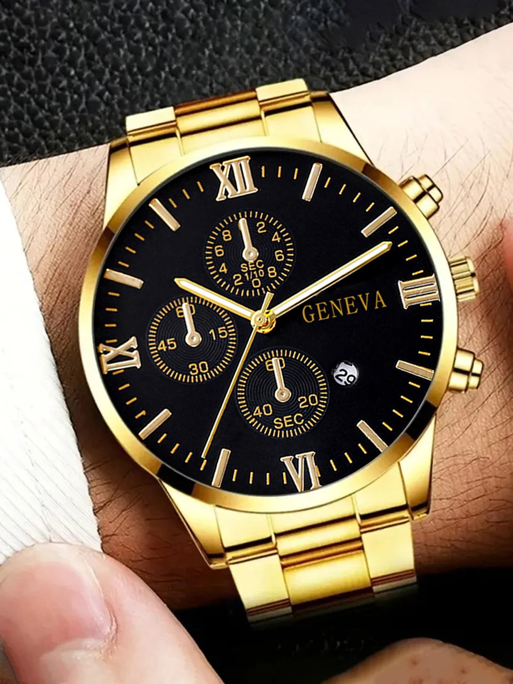 4pcs gold alloy Roman with calendar men's quartz watch and cross necklace bracelet ring set selected gift--ANDROMEDA QUINNS | AURELLE'S-ANDROMEDA QUINNS | AURELLE'S