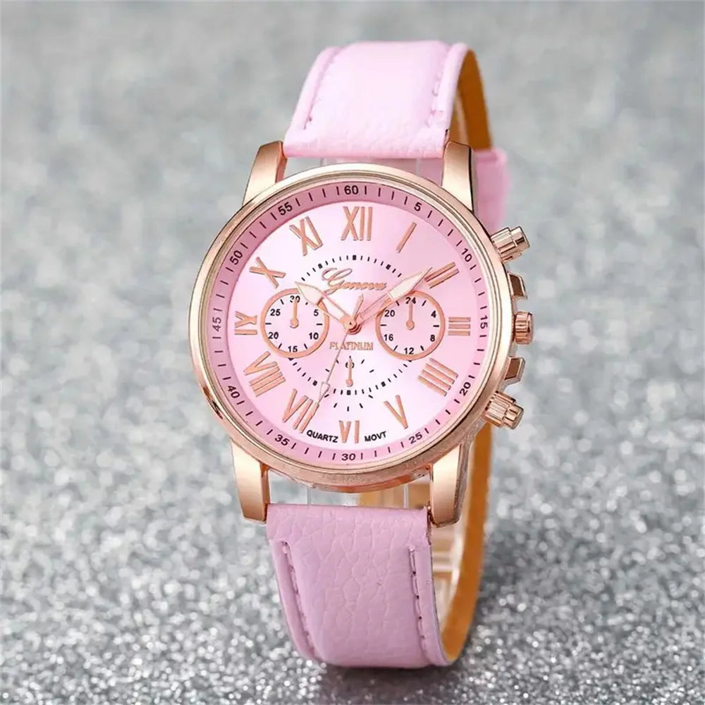 6PCS/Set Fashion Women's Quartz Watch Leather Band Analog Wrist Watches Heart Rhinestone Jewelry Set(Without Box)--ANDROMEDA QUINNS | AURELLE'S-ANDROMEDA QUINNS | AURELLE'S