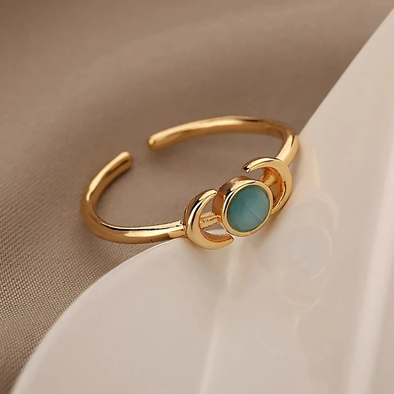 Stainless Steel Lotus Flower Ring for Women Gold Color Vintage Stone Opal Oval Flower Ring Fashion Aesthetic Jewelry Gift--ANDROMEDA QUINNS | AURELLE'S-ANDROMEDA QUINNS | AURELLE'S