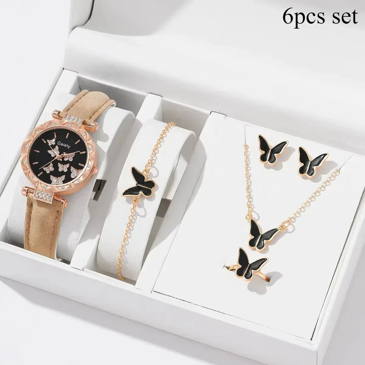 6/1pcs Set Women Watch Ring Necklace Earrings Bracelet Set Watches Butterfly Leather Strap Ladies Quartz WristWatch (No Box)--ANDROMEDA QUINNS | AURELLE'S-ANDROMEDA QUINNS | AURELLE'S