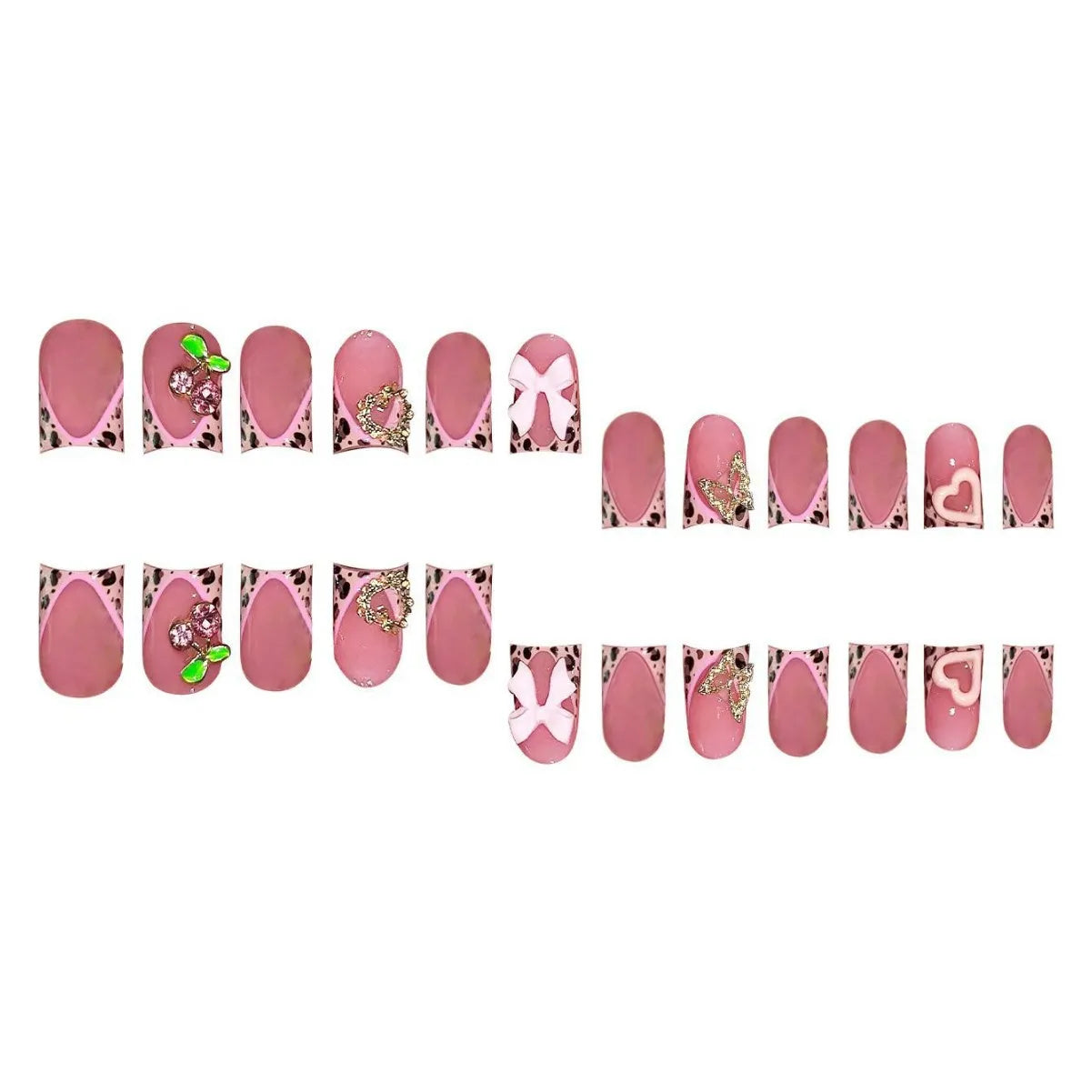 24pcs Nude Pink Sweet Fake Nails Short Duckbill Leopard Print French False Nails With 3D Bowknots Butterfly Cherry Press On Nail--ANDROMEDA QUINNS | AURELLE'S-ANDROMEDA QUINNS | AURELLE'S
