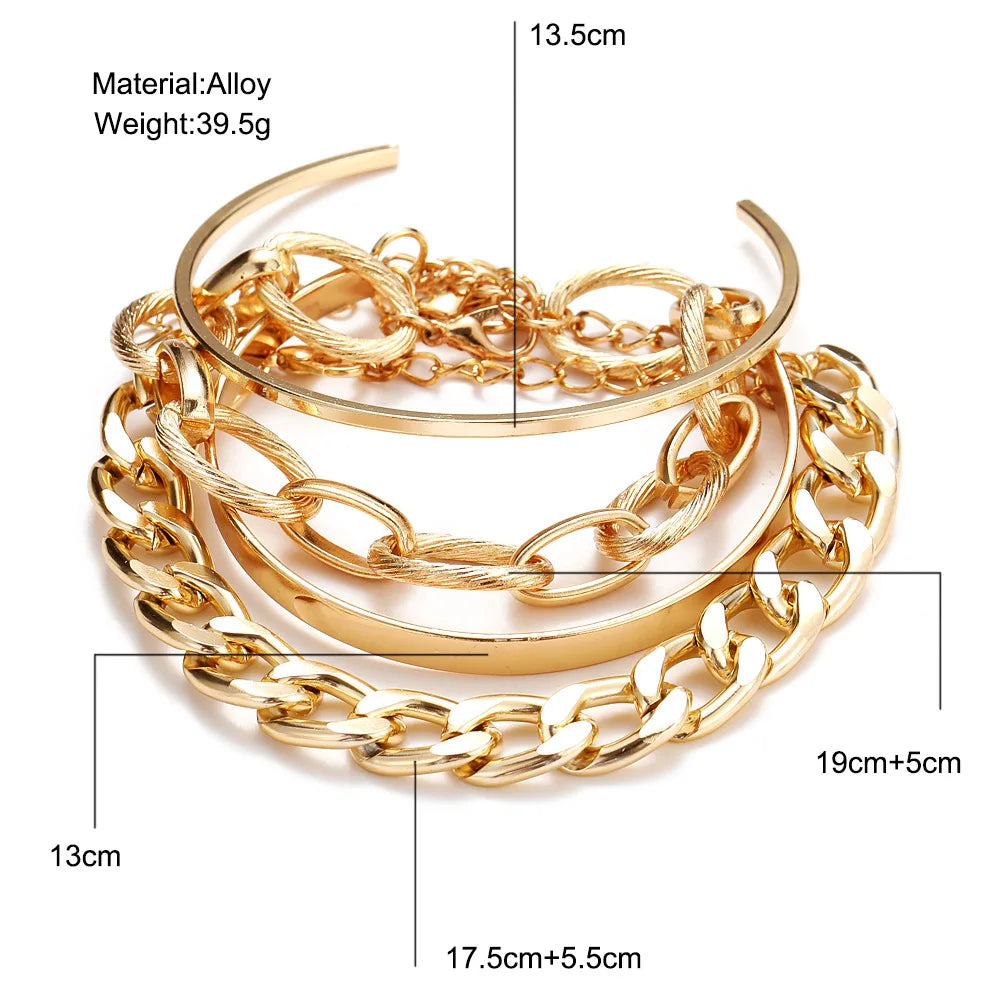 Bohemian Metal Chain Bracelet Set For Women Geometric Gold Color Thick Link Chain Open Bangle Female Fashion Jewelry--ANDROMEDA QUINNS | AURELLE'S-ANDROMEDA QUINNS | AURELLE'S