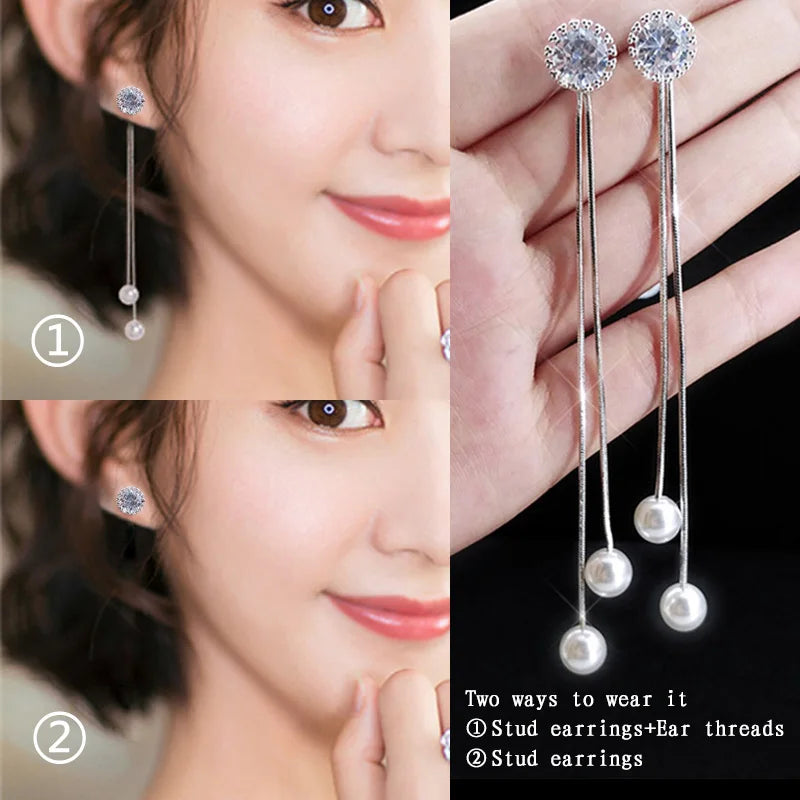Drop Zircon Long Tassel Earrings Female Rhinestone Wedding Pendant Earrings Party Jewelry Silver Color Fashion Ear Accessories--ANDROMEDA QUINNS | AURELLE'S-ANDROMEDA QUINNS | AURELLE'S