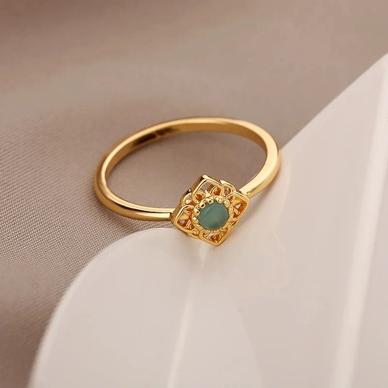 Stainless Steel Lotus Flower Ring for Women Gold Color Vintage Stone Opal Oval Flower Ring Fashion Aesthetic Jewelry Gift--ANDROMEDA QUINNS | AURELLE'S-ANDROMEDA QUINNS | AURELLE'S