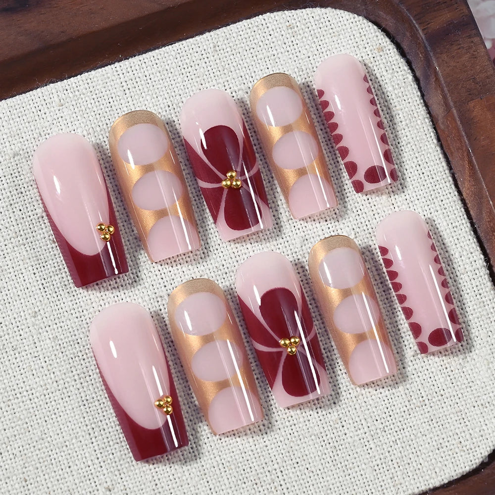 24Pcs Retro Flower Long Coffin French Fake Nails Caviar Bead Floral Gold Hollow Design Press On Nail Tips Y2k Acrylic False Nail--ANDROMEDA QUINNS | AURELLE'S-ANDROMEDA QUINNS | AURELLE'S