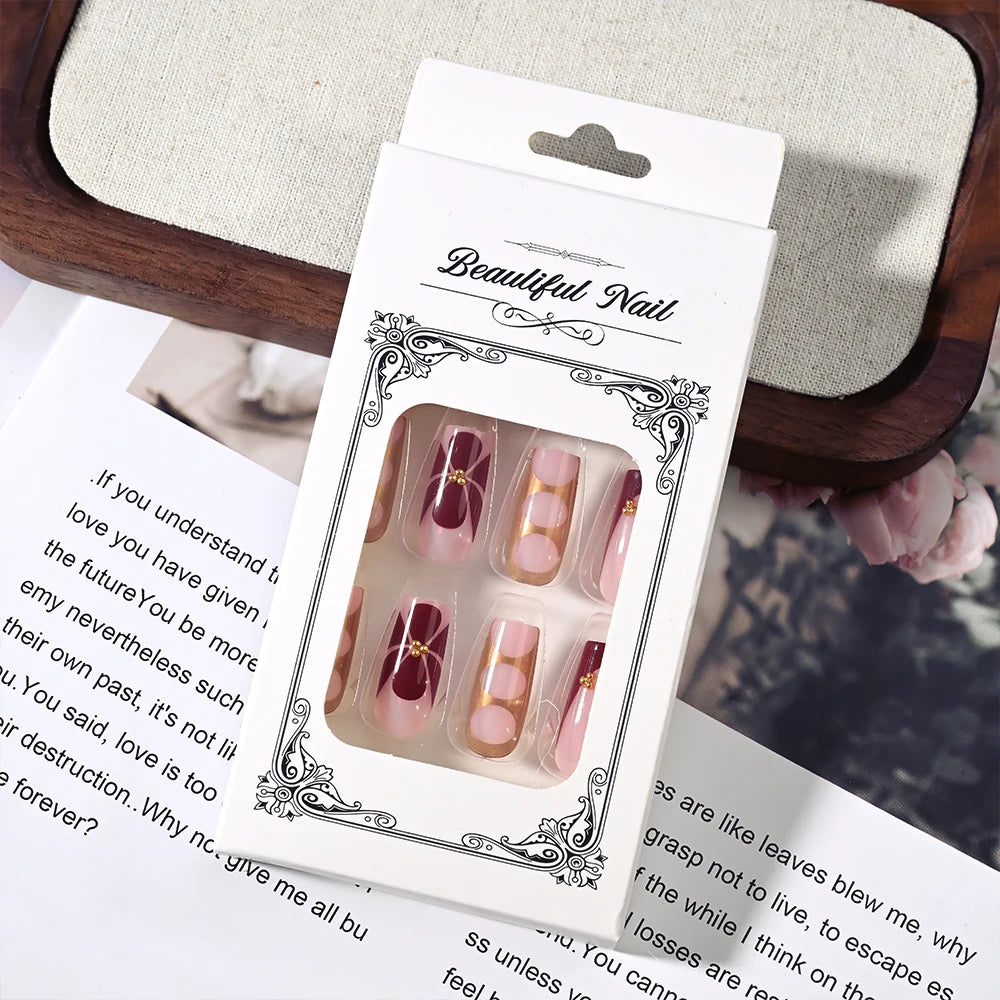 24Pcs Retro Flower Long Coffin French Fake Nails Caviar Bead Floral Gold Hollow Design Press On Nail Tips Y2k Acrylic False Nail--ANDROMEDA QUINNS | AURELLE'S-ANDROMEDA QUINNS | AURELLE'S