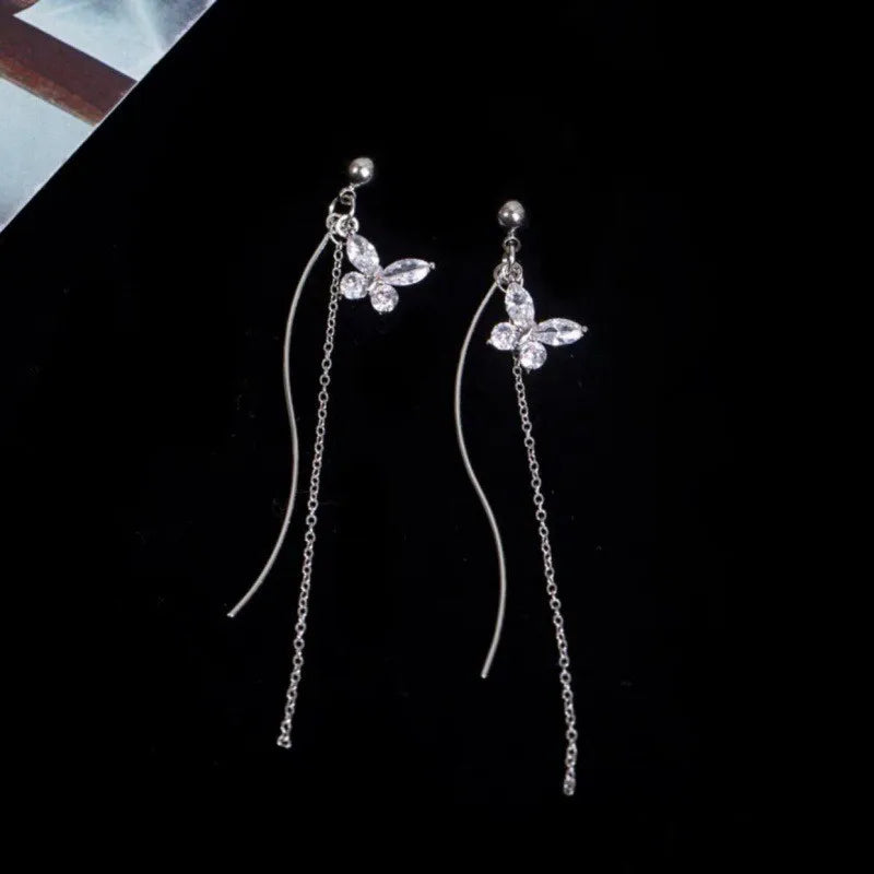 Drop Zircon Long Tassel Earrings Female Rhinestone Wedding Pendant Earrings Party Jewelry Silver Color Fashion Ear Accessories--ANDROMEDA QUINNS | AURELLE'S-ANDROMEDA QUINNS | AURELLE'S