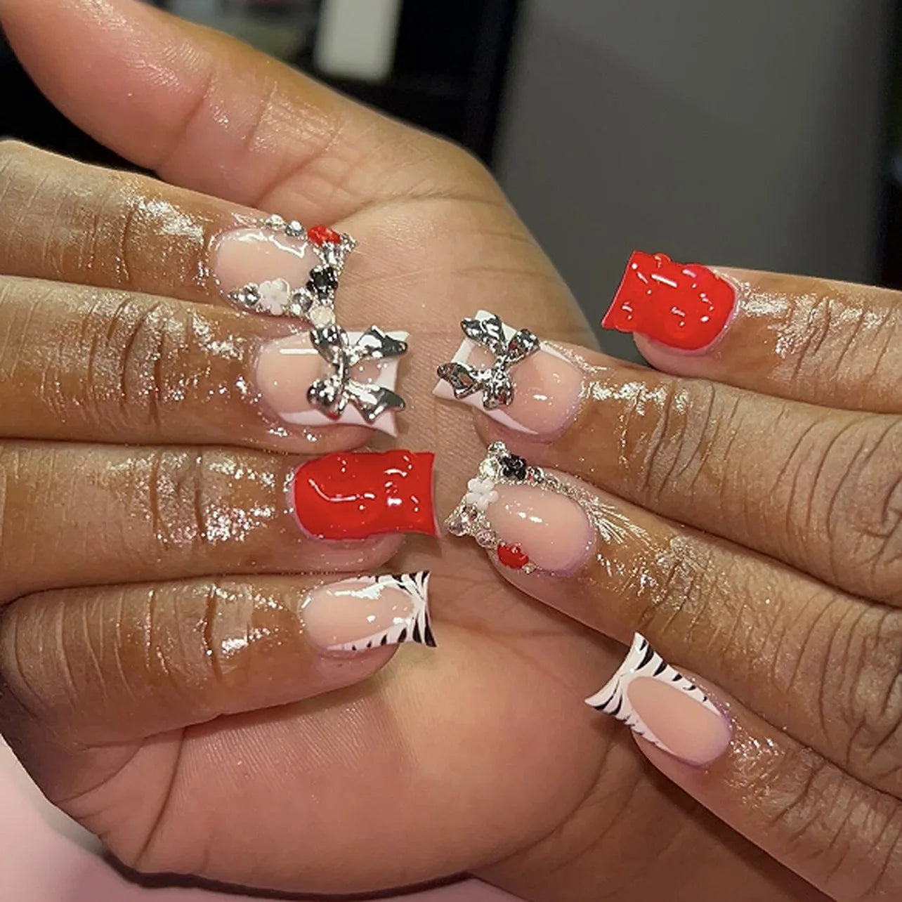 24pcs Nude Pink Sweet Fake Nails Short Duckbill Leopard Print French False Nails With 3D Bowknots Butterfly Cherry Press On Nail--ANDROMEDA QUINNS | AURELLE'S-ANDROMEDA QUINNS | AURELLE'S