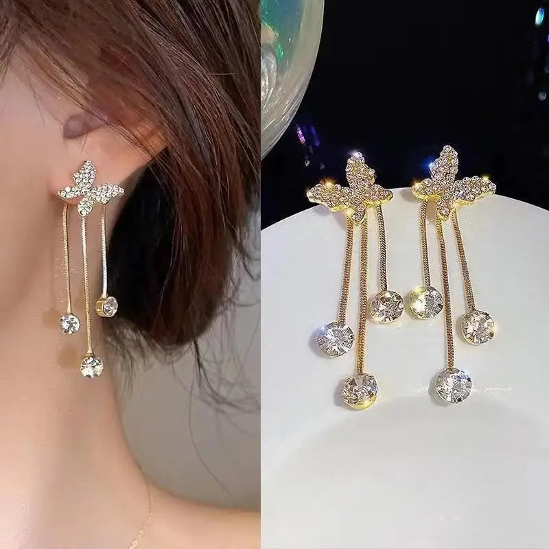 925 Silver Needle Blue Purple Butterfly Long Tassel Earrings For Women Jewelry 2025 Trending New Korean Crystal Drop Earrings--ANDROMEDA QUINNS | AURELLE'S-ANDROMEDA QUINNS | AURELLE'S