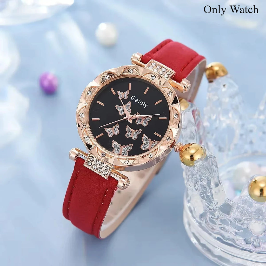 6/1pcs Set Women Watch Ring Necklace Earrings Bracelet Set Watches Butterfly Leather Strap Ladies Quartz WristWatch (No Box)--ANDROMEDA QUINNS | AURELLE'S-ANDROMEDA QUINNS | AURELLE'S