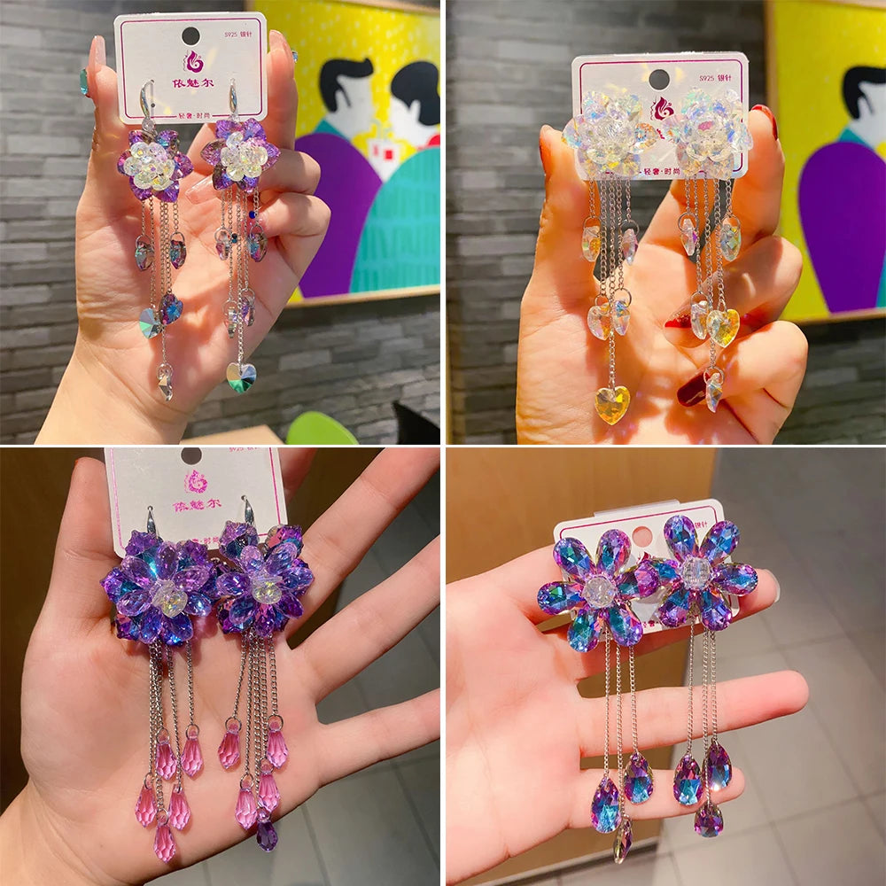 2025 New Colorful Purple Crystal Flower Dangle Drop Earrings for Women Trend Korea Fashion Luxury Wedding Party Banquet Jewelry--ANDROMEDA QUINNS | AURELLE'S-ANDROMEDA QUINNS | AURELLE'S