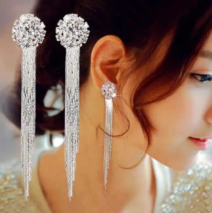 Drop Zircon Long Tassel Earrings Female Rhinestone Wedding Pendant Earrings Party Jewelry Silver Color Fashion Ear Accessories--ANDROMEDA QUINNS | AURELLE'S-ANDROMEDA QUINNS | AURELLE'S