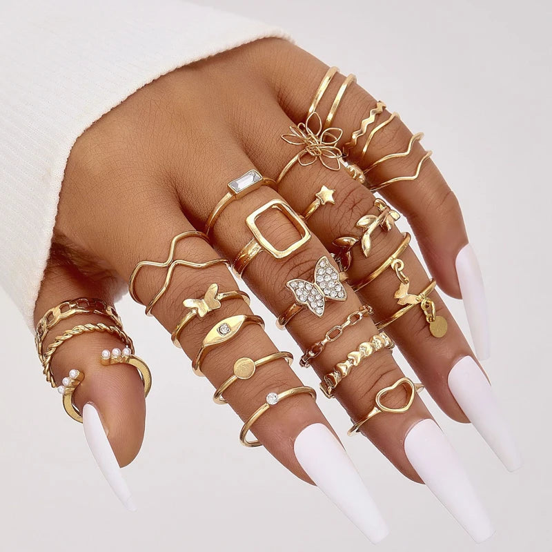 47Pcs/Set Vintage Gold Color Heart Rings Set For Women Men Hollow Butterfly Pearl Crystal Geometric Rings Trendy Finger Jewelry--ANDROMEDA QUINNS | AURELLE'S-ANDROMEDA QUINNS | AURELLE'S