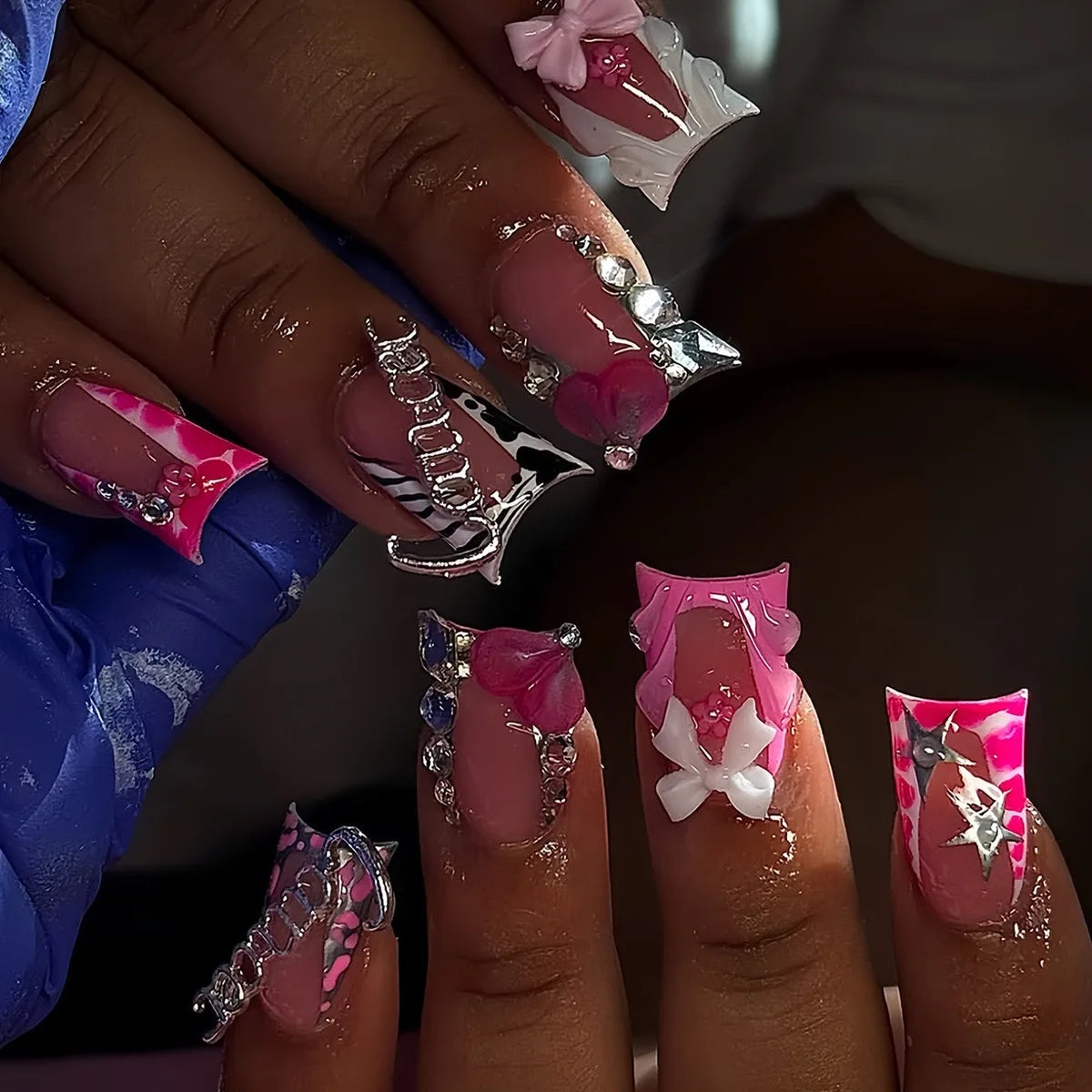 24pcs Nude Pink Sweet Fake Nails Short Duckbill Leopard Print French False Nails With 3D Bowknots Butterfly Cherry Press On Nail--ANDROMEDA QUINNS | AURELLE'S-ANDROMEDA QUINNS | AURELLE'S